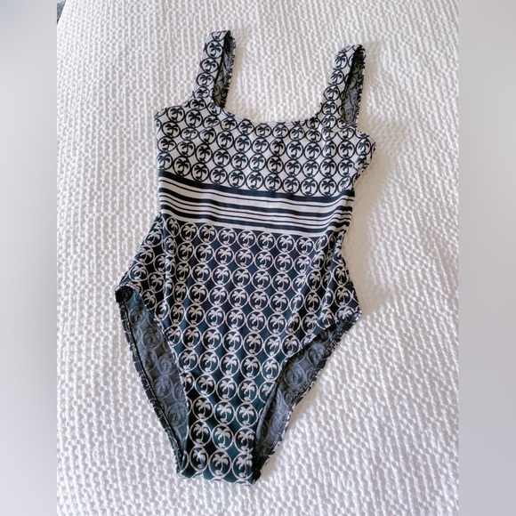 Jets by Jessika Allen palm navy and white stripe swim One-Piece - Picture 1 of 6